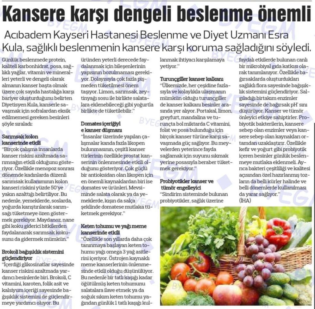 Kansere Karşı Dengeli Beslenme Önemli