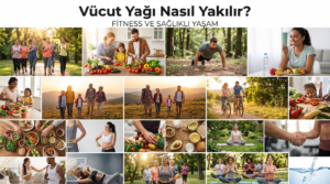 Vücut yağı nasıl yakılır sorusuna yanıt veren sağlıklı beslenme, fitness ve egzersiz kolajı