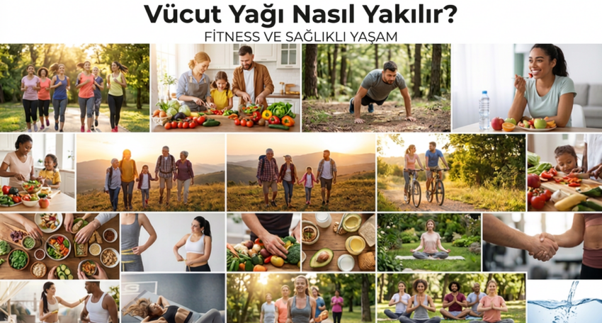 Vücut yağı nasıl yakılır sorusuna yanıt veren sağlıklı beslenme, fitness ve egzersiz kolajı